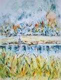 oeuvre de l'artiste Cathy Durand : imperturbable héron face à une explosion de couleurs